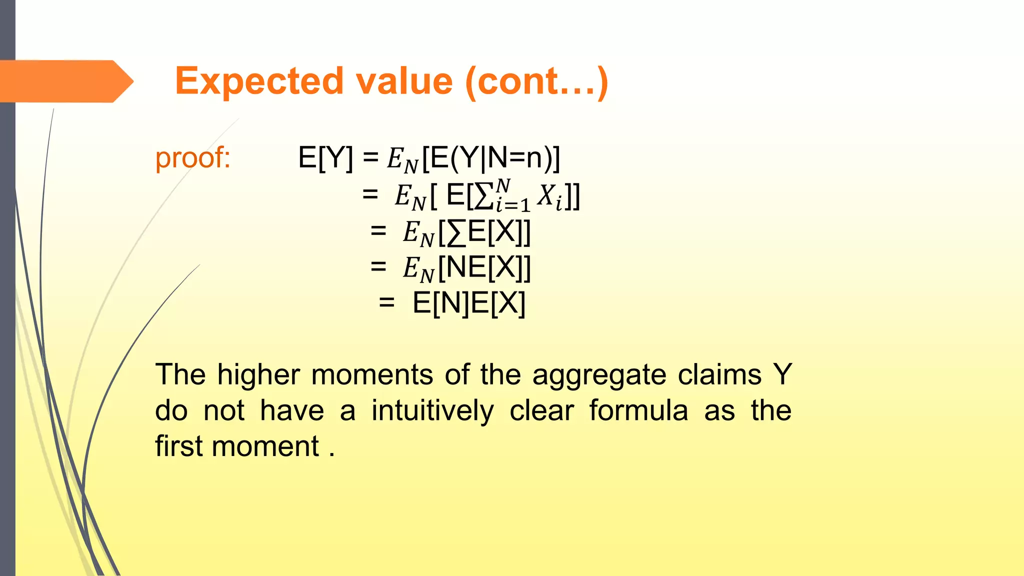 Expected value (cont…)
proof: E[Y] = 𝐸 𝑁[E(Y|N=n)]
= 𝐸 𝑁[ E[ 𝑖=1
𝑁
𝑋𝑖]]
= 𝐸 𝑁[∑E[X]]
= 𝐸 𝑁[NE[X]]
= E[N]E[X]
The higher moments of the aggregate claims Y
do not have a intuitively clear formula as the
first moment .
 
