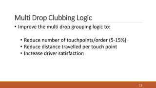 Multi Drop Clubbing Logic
? Improve the multi drop grouping logic to:
? Reduce number of touchpoints/order (5-15%)
? Reduce distance travelled per touch point
? Increase driver satisfaction
13
 