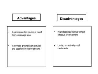 Advantages
• It can reduce the volume of runoff
from a drainage area
• It provides groundwater recharge
and baseflow in nearby streams
Disadvantages
• High clogging potential without
effective pre-treatment
• Limited to relatively small
catchments
 