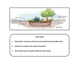 How it works?
1. Water settle on the garden surface then soak through the plants and filter media
2. Sediments are trapped on the surface of the garden
3. Soil and plant roots work together to filter the water naturally
 