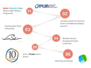 01
03
02
04
05
06
Active, Beautiful, Clean
Waters (ABC Waters)
Programme​
slowing down flows
collectively
up to a 10 year return
period
Located at both the Common
Green and Waterway Ridges
precinct
Maintain the pre-
development peak
runoff rate
cleansing stormwater
 
