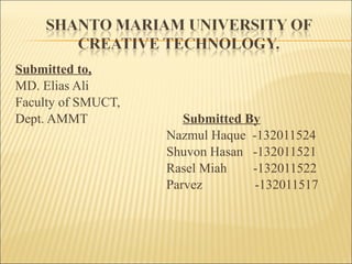 Submitted to,
MD. Elias Ali
Faculty of SMUCT,
Dept. AMMT Submitted By
Nazmul Haque -132011524
Shuvon Hasan -132011521
Rasel Miah -132011522
Parvez -132011517
 