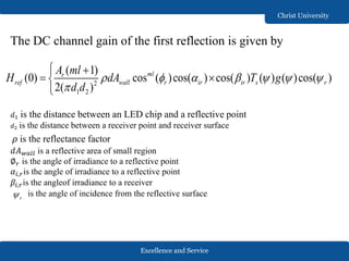 Excellence and Service
Christ University
The DC channel gain of the first reflection is given by
𝑑1 is the distance between an LED chip and a reflective point
𝑑2 is the distance between a receiver point and receiver surface
𝑑𝐴 𝑤𝑎𝑙𝑙 is a reflective area of small region
∅ 𝑟 is the angle of irradiance to a reflective point
𝛼𝑖,𝑟is the angle of irradiance to a reflective point
𝛽𝑖,𝑟is the angleof irradiance to a receiver
is the angle of incidence from the reflective surface
2
1 2
( 1)
(0) cos ( )cos( ) cos( ) ( ) ( )cos( )
2( )
mlr
ref wall r ir ir s r
A ml
H dA T g
d d
      

 
 

𝜌 is the reflectance factor
r
 