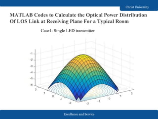Excellence and Service
Christ University
MATLAB Codes to Calculate the Optical Power Distribution
Of LOS Link at Receiving Plane For a Typical Room
Case1: Single LED transmitter
 