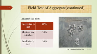 Angular size Test:
Field Test of Aggregate(continued)
Large size ¾
inch
60%,
Medium size
½ inches
30%
Small size ¼
inch
10%
Fig: Checking Angular Size
17
4/1/2018
 