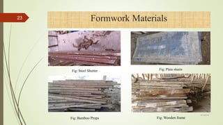 Formwork Materials
Fig: Plain sheets
Fig: Wooden frame
Fig: Steel Shutter
Fig: Bamboo Props
23
4/1/2018
 