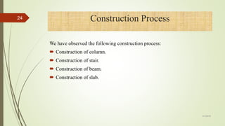 We have observed the following construction process:
 Construction of column.
 Construction of stair.
 Construction of beam.
 Construction of slab.
Construction Process24
4/1/2018
 
