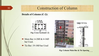  Main Bar: 6-20Ø & 4-16Ø
bar Used.
 Tie Bar: 19-10Ø bar Used
Construction of Column
Fig: Column Main Bar & Tie Spacing
Fig: Cross Section(C-2)
32
Details of Column (C-2):
4/1/2018
 