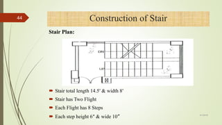  Stair total length 14.5′ & width 8′
 Stair has Two Flight
 Each Flight has 8 Steps
 Each step height 6″ & wide 10″
44
4/1/2018
Construction of Stair
Stair Plan:
 