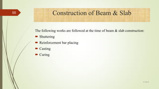 Construction of Beam & Slab
The following works are followed at the time of beam & slab construction:
 Shuttering
 Reinforcement bar placing
 Casting
 Curing
55
4/1/2018
 