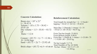 4/1/2018
64
Concrete Calculation:
Beam size = 10″ x 21″
L= 38.42 ft
Volume = .83 x 1.75 × 38.42 =
55.81 cft
Dry volume = 1.5 × 55.81 = 83.72
cft
Ratio = 1:2:4
Cement = (83.72 × 1) / 7 = 11.96 x
.8= 14.96 bags
Sand = (83.72 × 2)/ 7 = 23.92 cft
Brick chips = (83.72 ×4) /7 = 47.48 cft
Reinforcement Calculation:
Total length for straight bar = L + 2×hook+
lapping = 38.42+2× (6/12) = 39.42 ft
Main Bar: 2-20mm& 2-16mm =2×.75
×39.42+2×.48×39.42 = 96.97 kg.
Extra Top bar length: 33.08 ft.
Extra Bottom length: 8.00 ft.
Extra Bar: 1-20mm & 1-16mm = 1×33.08×.75
+ 1×8.00×.48 = 28.65 kg.
Tie bar Length: 5.17 ft.
Total Number of Tie: 63 NOS
Tie bar: 10mm = 63×5.17×.19
= 61.88 kg.
 