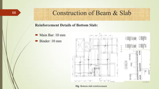 Fig: Bottom slab reinforcement
4/1/2018
68 Construction of Beam & Slab
Reinforcement Details of Bottom Slab:
 Main Bar: 10 mm
 Binder: 10 mm
 