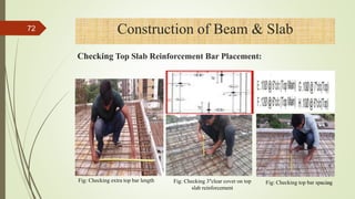 Fig: Checking 3ʺclear cover on top
slab reinforcement
Fig: Checking extra top bar length Fig: Checking top bar spacing4/1/2018
72 Construction of Beam & Slab
Checking Top Slab Reinforcement Bar Placement:
 
