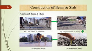 Fig: Using vibrator for compaction Fig: Using steel runner for leveling
Fig: Placement of U-bar Fig: checking depth of slab
4/1/2018
74 Construction of Beam & Slab
Casting of Beam & Slab:
 