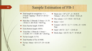  Total length for straight bar = L +
2×hook+ lapping = 38.42+2× (6/12) =
39.42 ft
 Main Bar: 2-20mm& 2-16mm = 2×.75
×39.42+2×.48×39.42 = 96.97 kg.
 Extra Top bar length: 33.08 ft.
 Extra Bottom length: 8.00 ft.
 Extra Bar: 1-20mm & 1-16mm =
1×33.08×.75 + 1×8.00×.48 = 28.65 kg.
 Tie bar Length: 5.17 ft.
 Total Number of Tie: 63 NOS
 Tie bar: 10mm = 63×5.17×.19 = 61.88
kg.
 Beam size = 10″ x 21″ , L= 38.42 ft
Volume = .83 x 1.75 × 38.42 = 55.81 cft
 Dry volume = 1.5 × 55.81 = 83.72 cft
 Ratio = 1:2:4
 Cement = (83.72 × 1) / 7 = 11.96 x .8 = 14.96
bags
 Sand = (83.72 × 2)/ 7 = 23.92 cft
 Brick chips = (83.72 ×4) /7 = 47.48 cft
80 Sample Estimation of FB-1
4/1/2018
 