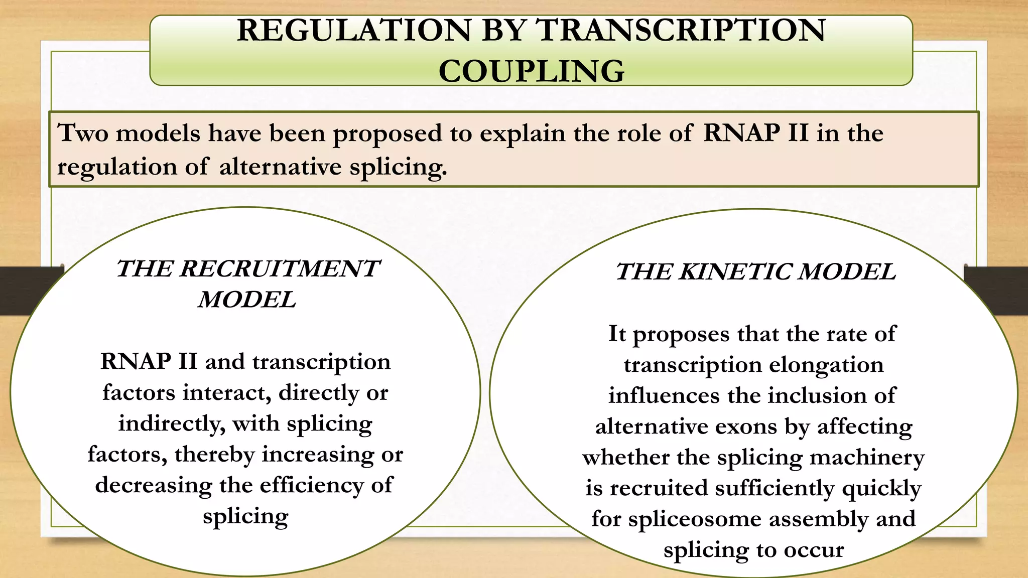 Two models have been proposed to explain the role of RNAP II in the
regulation of alternative splicing.
THE RECRUITMENT
MODEL
RNAP II and transcription
factors interact, directly or
indirectly, with splicing
factors, thereby increasing or
decreasing the efficiency of
splicing
THE KINETIC MODEL
It proposes that the rate of
transcription elongation
influences the inclusion of
alternative exons by affecting
whether the splicing machinery
is recruited sufficiently quickly
for spliceosome assembly and
splicing to occur
REGULATION BY TRANSCRIPTION
COUPLING
 