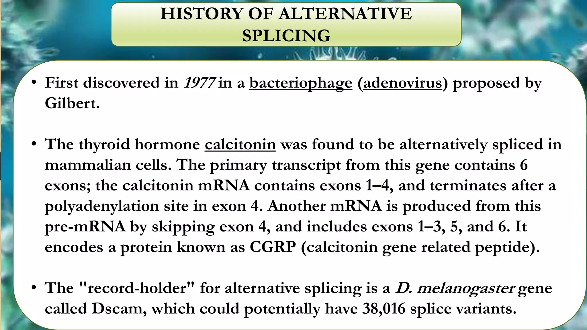 HISTORY OF ALTERNATIVE
SPLICING
• First discovered in 1977 in a bacteriophage (adenovirus) proposed by
Gilbert.
• The thyroid hormone calcitonin was found to be alternatively spliced in
mammalian cells. The primary transcript from this gene contains 6
exons; the calcitonin mRNA contains exons 1–4, and terminates after a
polyadenylation site in exon 4. Another mRNA is produced from this
pre-mRNA by skipping exon 4, and includes exons 1–3, 5, and 6. It
encodes a protein known as CGRP (calcitonin gene related peptide).
• The "record-holder" for alternative splicing is a D. melanogaster gene
called Dscam, which could potentially have 38,016 splice variants.
 
