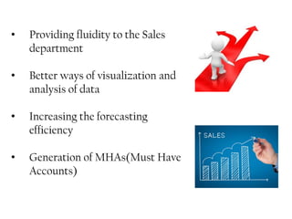 • Providing fluidity to the Sales
department
• Better ways of visualization and
analysis of data
• Increasing the forecasting
efficiency
• Generation of MHAs(Must Have
Accounts)
 