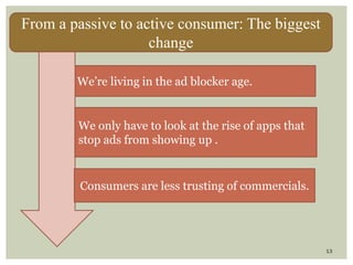 13
From a passive to active consumer: The biggest
change
We’re living in the ad blocker age.
We only have to look at the rise of apps that
stop ads from showing up .
Consumers are less trusting of commercials.
 