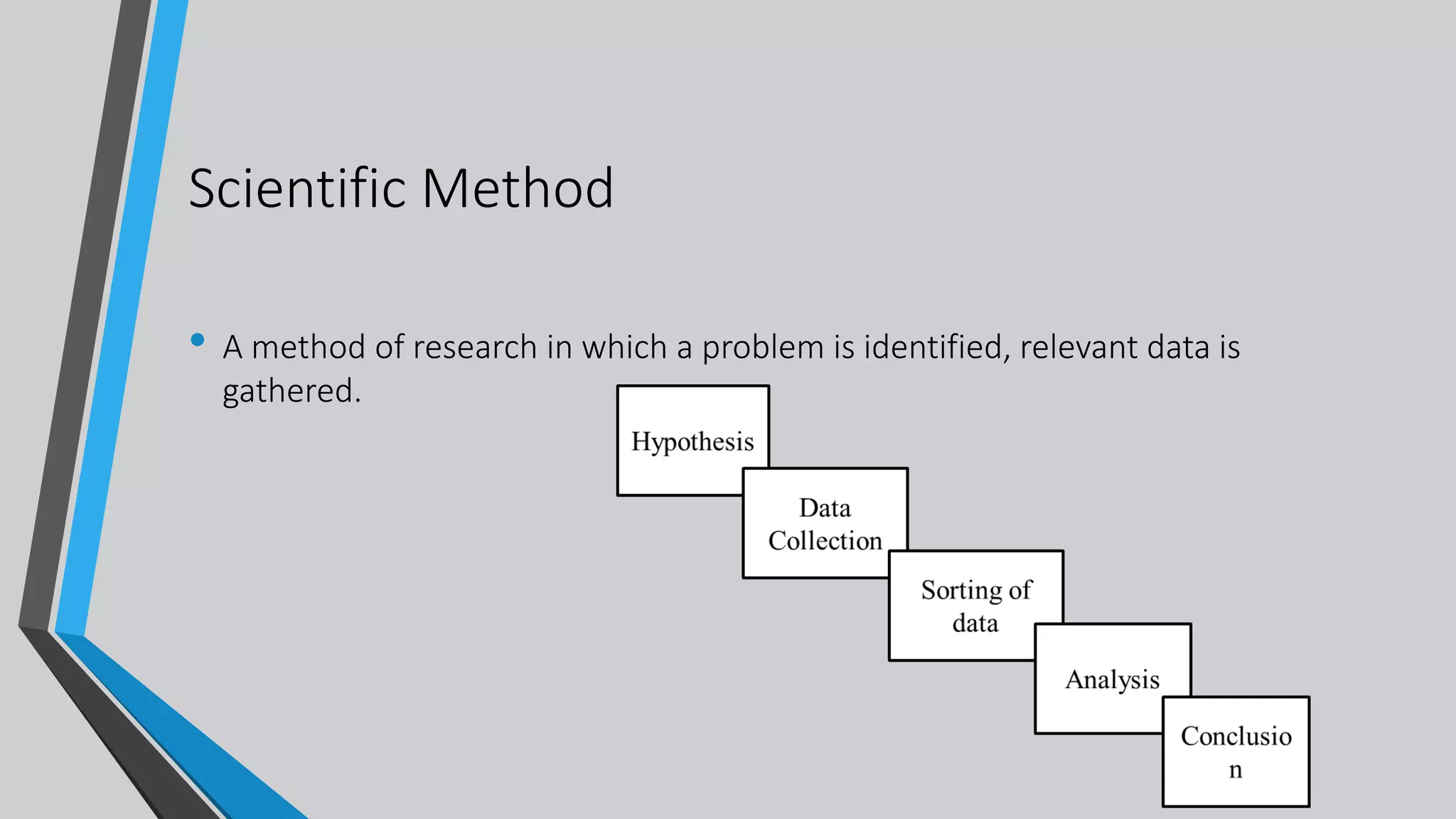 Scientific Method
• A method of research in which a problem is identified, relevant data is
gathered.
 