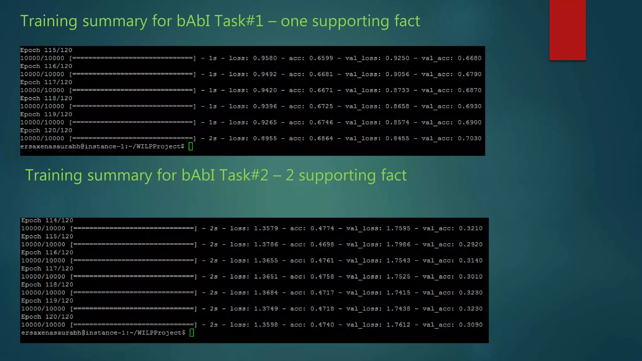 Training summary for bAbI Task#1 – one supporting fact
Training summary for bAbI Task#2 – 2 supporting fact
 