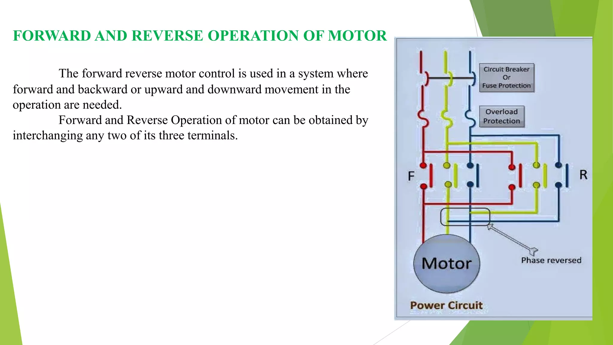 FORWARD AND REVERSE OPERATION OF MOTOR
The forward reverse motor control is used in a system where
forward and backward or upward and downward movement in the
operation are needed.
Forward and Reverse Operation of motor can be obtained by
interchanging any two of its three terminals.
 