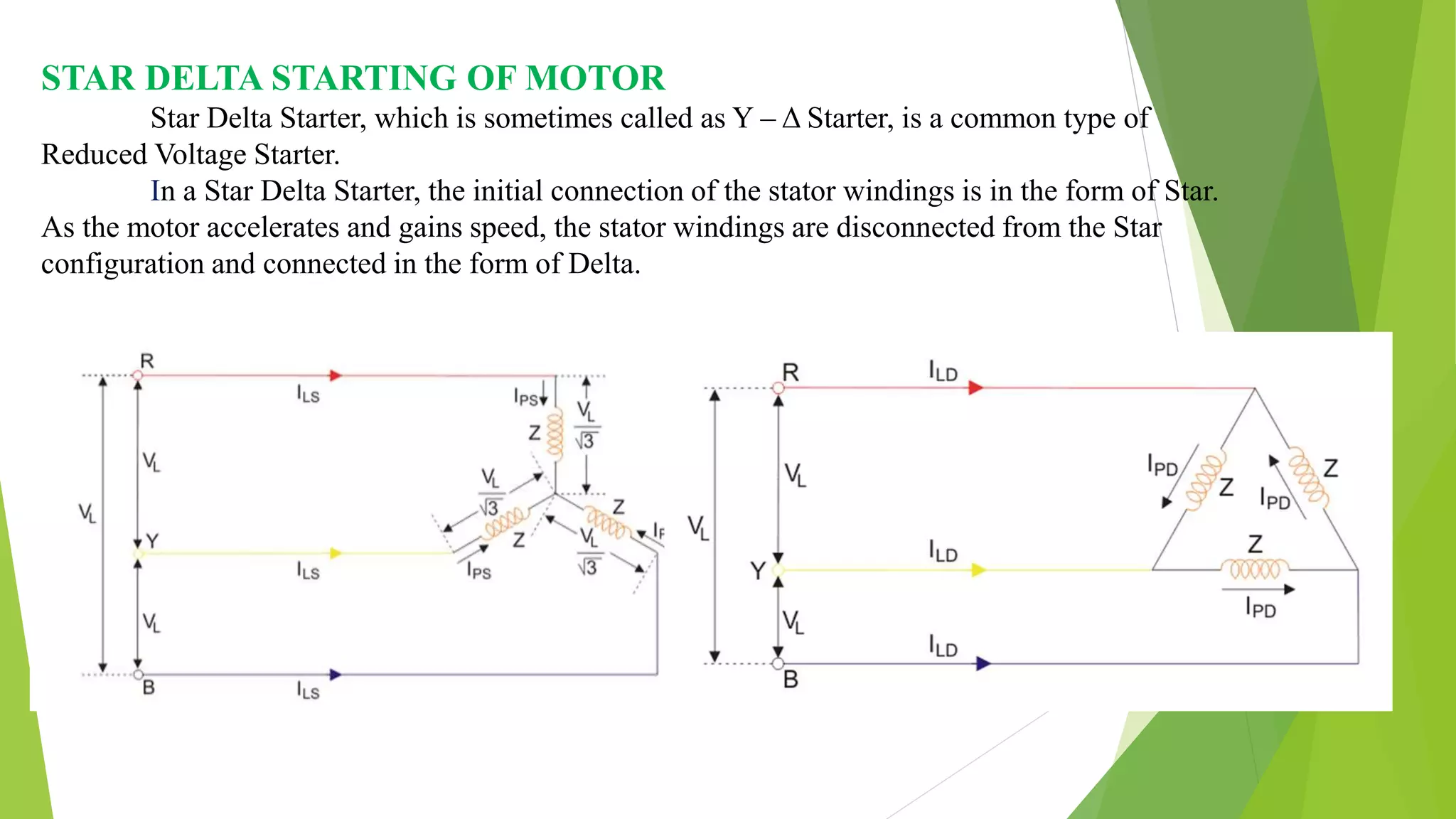STAR DELTA STARTING OF MOTOR
Star Delta Starter, which is sometimes called as Y – Δ Starter, is a common type of
Reduced Voltage Starter.
In a Star Delta Starter, the initial connection of the stator windings is in the form of Star.
As the motor accelerates and gains speed, the stator windings are disconnected from the Star
configuration and connected in the form of Delta.
 