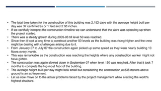 • The total time taken for the construction of this building was 2,192 days with the average height built per
day was 37 centimetres or 1 feet and 2.88 inches.
• If we carefully interpret the construction timeline we can understand that the work was speeding up when
the project started.
• There was a steady growth during 2005-06 till level 50 was reached.
• Since then it took a long time to construct another 50 levels as the building was rising higher and the crew
might be dealing with challenges arising due to it.
• From January 07 to July 07 the construction again picked up some speed as they were nearly building 10
floors every month.
• This was remarkable as the construction was reaching the heights where any construction worker might not
have gotten.
• The construction was again slowed down in September 07 when level 150 was reached. After that it took 7
months to complete the top most floor of the building.
• The average height built per day might look small but considering the construction at 838 meters above
ground is an achievement.
• Let us now move on to the actual problems faced by the project management while erecting the world's
highest structure.
 
