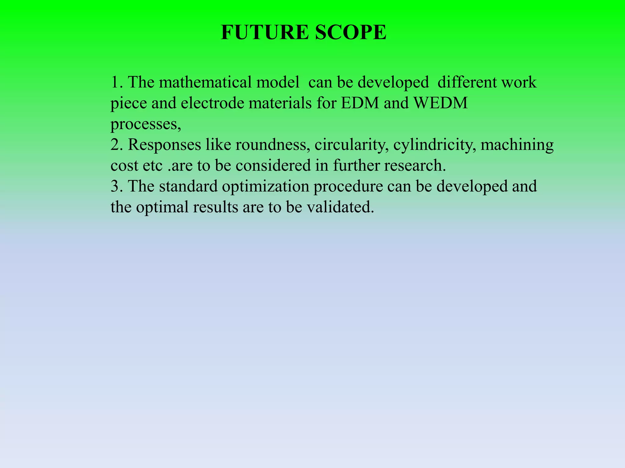 FUTURE SCOPE
1. The mathematical model can be developed different work
piece and electrode materials for EDM and WEDM
processes,
2. Responses like roundness, circularity, cylindricity, machining
cost etc .are to be considered in further research.
3. The standard optimization procedure can be developed and
the optimal results are to be validated.
 