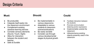 Design Criteria
Must: Should: Could:
● Be producible
● Integrate itself easily into
the classroom environment
● Complement existing
assistive learning devices
● Consider sensory elements
(Sound, Touch, Sight)
● Allow for interaction
between the student and
teacher
● Safe & Durable
● Be implementable in
various classrooms
● Adaptable to various
students & classroom
scenarios/situations
● Be easily storable
● Consider use through
various developmental
stages & physical growth
● Facilitate interaction between
the students
● Promote communication
(listening and/or expression)
● Implementable outside the
classroom
● Utilize/enhance existing
objects presently used in the
classroom
 