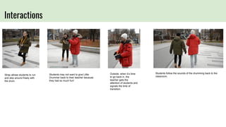 Interactions
Outside, when it’s time
to go back in, the
teacher gets the
attention of students and
signals the time of
transition.
Students follow the sounds of the drumming back to the
classroom.
Strap allows students to run
and skip around freely with
the drum.
Students may not want to give Little
Drummer back to their teacher because
they had so much fun!
 