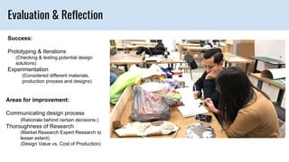 Evaluation & Reflection
Success:
Prototyping & Iterations
(Checking & testing potential design
solutions)
Experimentation
(Considered different materials,
production process and designs)
Areas for improvement:
Communicating design process
(Rationale behind certain decisions.)
Thoroughness of Research
(Market Research Expert Research to
lesser extent)
(Design Value vs. Cost of Production)
 
