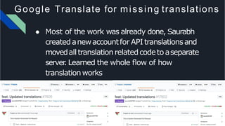 Google Translate for missing translations
● Most of the work was already done, Saurabh
createdanewaccountfor APItranslationsand
movedalltranslationrelatedcodeto aseparate
server. Learned the whole ﬂow of how
translationworks
 