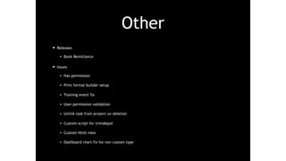 Other
• Releases
Bank Remittance
• Issues
Has permission
Print format builder setup
Training event fix
User permission validation
Unlink task from project on deletion
Custom script for trimdepot
Custom Html view
Dashboard chart fix for non custom type
 