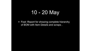 10 - 20 May
• Feat: Report for showing complete hierarchy
of BOM with Item Details and scraps .
 