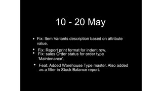 10 - 20 May
• Fix: Item Variants description based on attribute
value.
• Fix: Report print format for indent row.
• Fix: sales Order status for order type
‘Maintenance’.
• Feat: Added Warehouse Type master. Also added
as a ﬁlter in Stock Balance report.
 