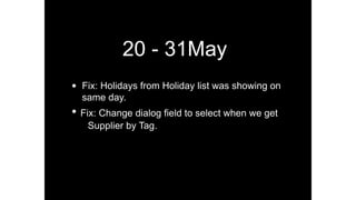 20 - 31May
• Fix: Holidays from Holiday list was showing on
same day.
• Fix: Change dialog ﬁeld to select when we get
Supplier by Tag.
 
