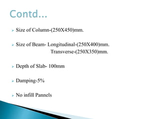  Size of Column-(250X450)mm.
 Size of Beam- Longitudinal-(250X400)mm.
Transverse-(250X350)mm.
 Depth of Slab- 100mm
 Damping-5%
 No infill Pannels
 