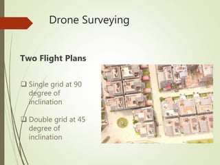 Drone Surveying
Two Flight Plans
 Single grid at 90
degree of
inclination
 Double grid at 45
degree of
inclination
 
