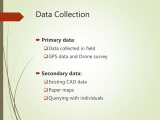 Data Collection
 Primary data:
Data collected in field
GPS data and Drone survey
 Secondary data:
Existing CAD data
Paper maps
Querying with individuals
 