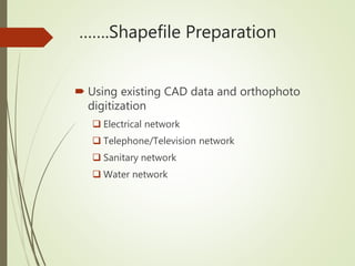 …….Shapefile Preparation
 Using existing CAD data and orthophoto
digitization
 Electrical network
 Telephone/Television network
 Sanitary network
 Water network
 