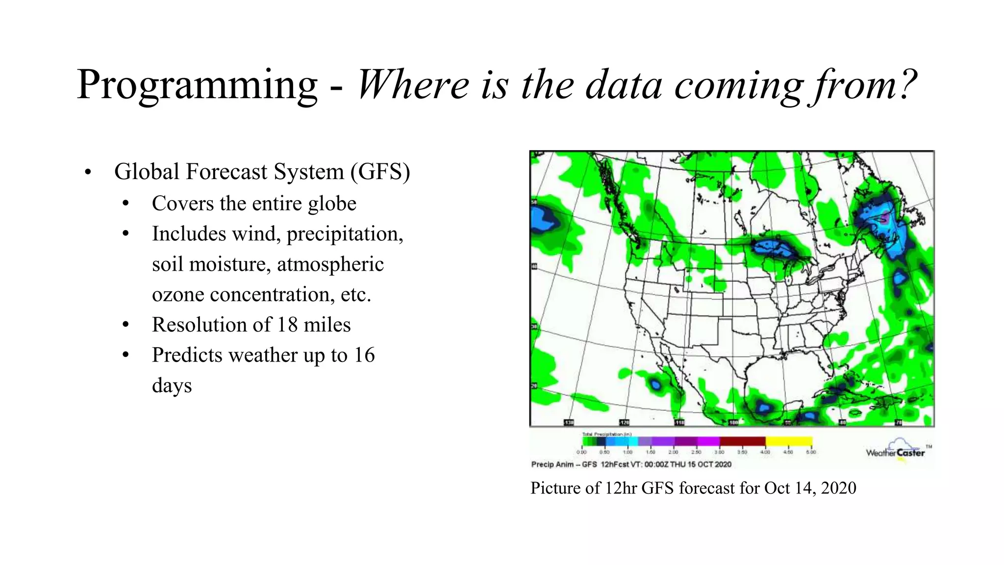 Programming - Where is the data coming from?
• Global Forecast System (GFS)
• Covers the entire globe
• Includes wind, precipitation,
soil moisture, atmospheric
ozone concentration, etc.
• Resolution of 18 miles
• Predicts weather up to 16
days
Picture of 12hr GFS forecast for Oct 14, 2020
 