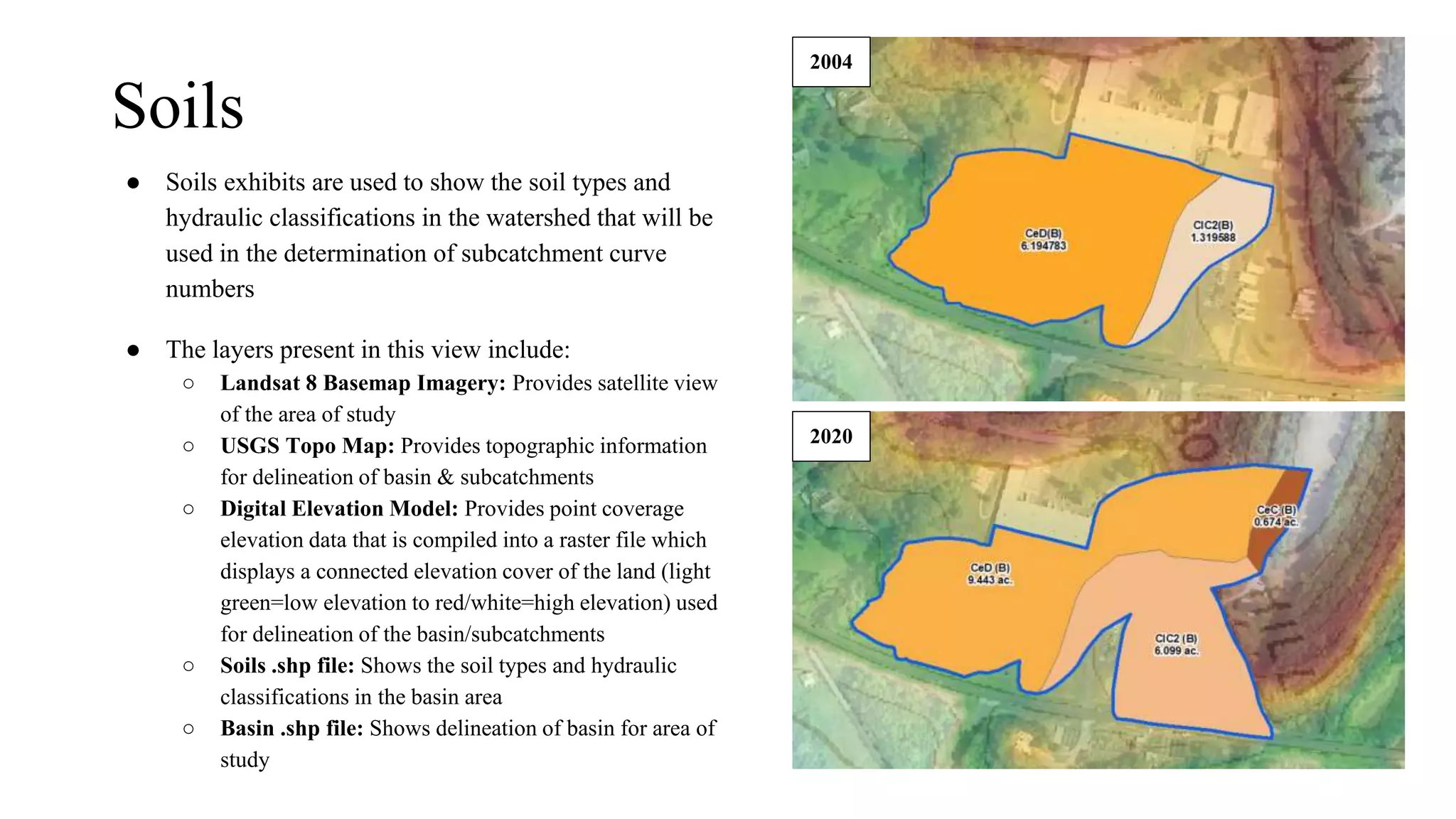 Soils
● Soils exhibits are used to show the soil types and
hydraulic classifications in the watershed that will be
used in the determination of subcatchment curve
numbers
● The layers present in this view include:
○ Landsat 8 Basemap Imagery: Provides satellite view
of the area of study
○ USGS Topo Map: Provides topographic information
for delineation of basin & subcatchments
○ Digital Elevation Model: Provides point coverage
elevation data that is compiled into a raster file which
displays a connected elevation cover of the land (light
green=low elevation to red/white=high elevation) used
for delineation of the basin/subcatchments
○ Soils .shp file: Shows the soil types and hydraulic
classifications in the basin area
○ Basin .shp file: Shows delineation of basin for area of
study
2004
2020
 