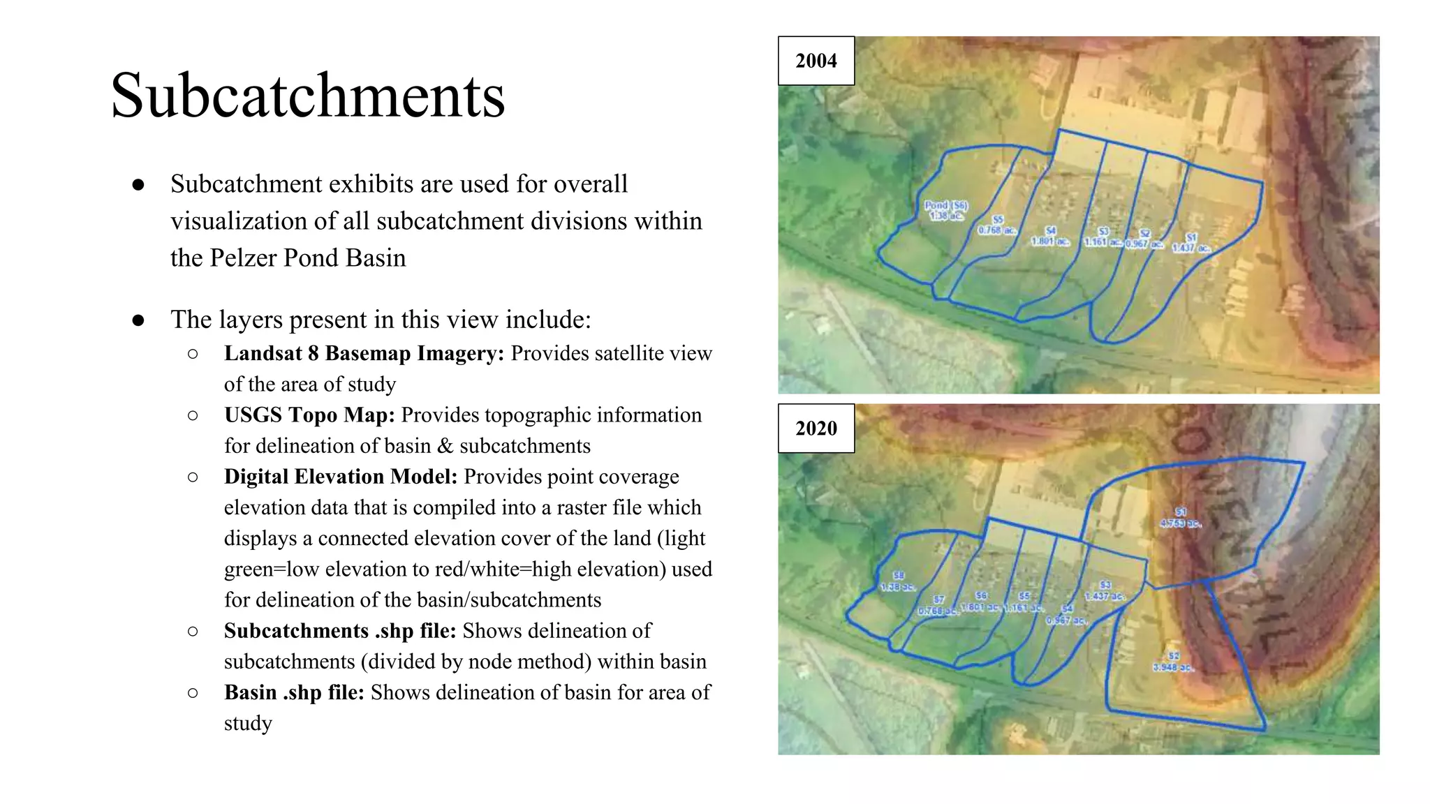 Subcatchments
● Subcatchment exhibits are used for overall
visualization of all subcatchment divisions within
the Pelzer Pond Basin
● The layers present in this view include:
○ Landsat 8 Basemap Imagery: Provides satellite view
of the area of study
○ USGS Topo Map: Provides topographic information
for delineation of basin & subcatchments
○ Digital Elevation Model: Provides point coverage
elevation data that is compiled into a raster file which
displays a connected elevation cover of the land (light
green=low elevation to red/white=high elevation) used
for delineation of the basin/subcatchments
○ Subcatchments .shp file: Shows delineation of
subcatchments (divided by node method) within basin
○ Basin .shp file: Shows delineation of basin for area of
study
2004
2020
 