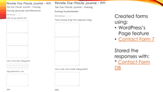 Created forms
using:
• WordPress’s
Page feature
• Contact Form 7
Stored the
responses with:
* Contact Form
DB
 