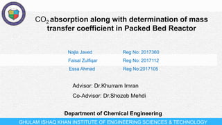 CO2 absorption along with determination of mass
transfer coefficient in Packed Bed Reactor
GHULAM ISHAQ KHAN INSTITUTE OF ENGINEERING SCIENCES & TECHNOLOGY
Advisor: Dr.Khurram Imran
Co-Advisor: Dr.Shozeb Mehdi
Najla Javed Reg No: 2017360
Faisal Zulfiqar Reg No: 2017112
Essa Ahmad Reg No:2017105
Department of Chemical Engineering
 