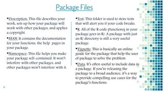 14
Package Files
•Description: This file describes your
work, sets up how your package will
work with other packages, and applies
a copyright.
•MAN: It contains the documentation
for your functions, the help pages in
your package.
•Namespace: This file helps you make
your package self-contained. It won’t
interfere with other packages, and
other packages won’t interfere with it.
•Test: This folder is used to store tests
that will alert you if your code breaks.
•R: All of the R code (functions) in your
package goes in R/. A package with just
an R/ directory is still a very useful
package.
•Vignette: This is basically an online
guide for the package that help the user
of package to solve the problem.
•Data: It’s often useful to include data in
a package. If you’re releasing the
package to a broad audience, it’s a way
to provide compelling use cases for the
package’s functions.
 
