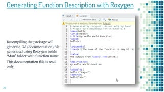 20
Generating Function Description with Roxygen
Recompiling the package will
generate .Rd (documentation) file
generated using Roxygen inside
‘Man’ folder with function name.
This documentation file is read
only.
 