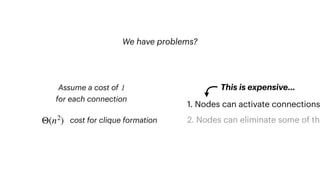 We have problems?
1. Nodes can activate connections
2. Nodes can eliminate some of the
This is expensive…
Assume a cost of 1
for each connection
Θ(n2
) cost for clique formation
 