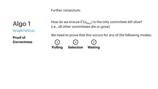Algo 1
GraphToStar
Proof of
Correctness
Further conjecture:
How do we ensure is the only committee left alive?
(i.e., all other committees die or grow)
C(umax)
We need to prove that this occurs for any of the following modes:
Pulling Selection Waiting
? ? ?
 